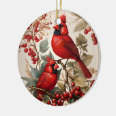 Twee rode noordelijke kardinaalvogels en bessen keramisch ornament (Links)