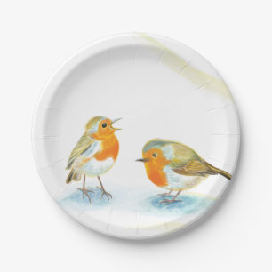 Twee Rode Robins in de winter Papieren Bordje