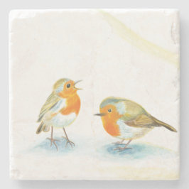 Twee Rode Robins in de winter Stenen Onderzetter