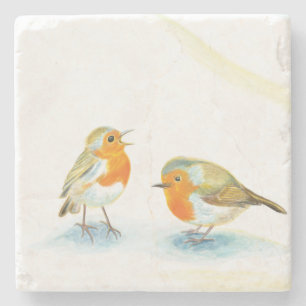 Twee Rode Robins in de winter Stenen Onderzetter