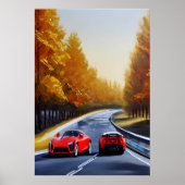 Twee rode sportwagens op de weg | AI Art Poster (Voorkant)