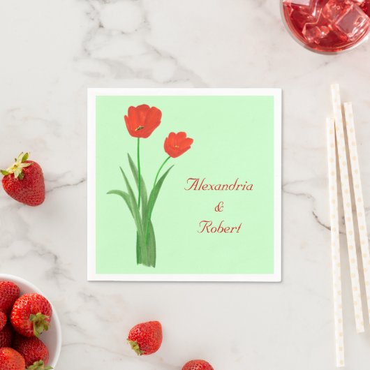 Twee Rode Tulips gepersonaliseerde bruiloft Napkin Servetten (Insitu)
