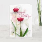 Twee rode tulpen op de verjaardag feestdagen kaart (Voorkant)