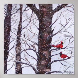 Twee rode vogels in de winter poster