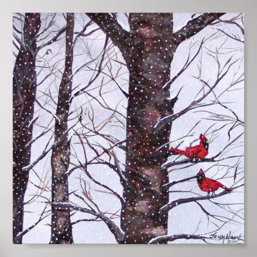 Twee rode vogels in de winter poster (Voorkant)
