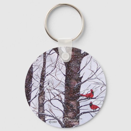 Twee rode vogels in de winter sleutelhanger (Voorkant)