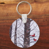 Twee rode vogels in de winter sleutelhanger (Voorkant)