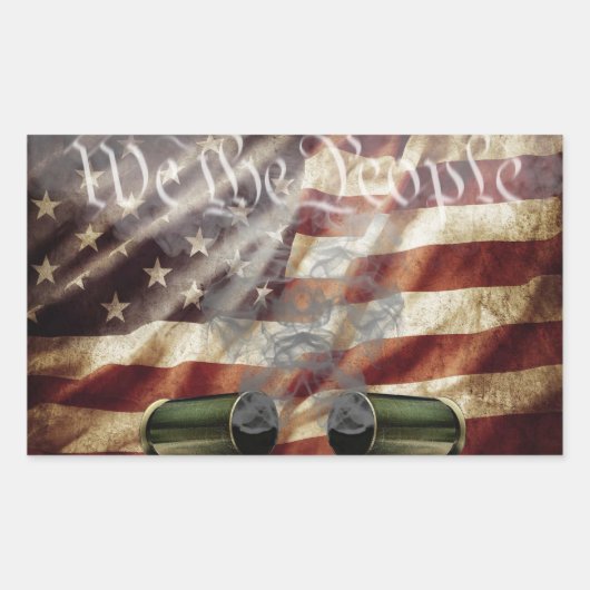Twee Roken pistool schelpen boven Amerikaanse vlag Rechthoekige Sticker (Voorkant)