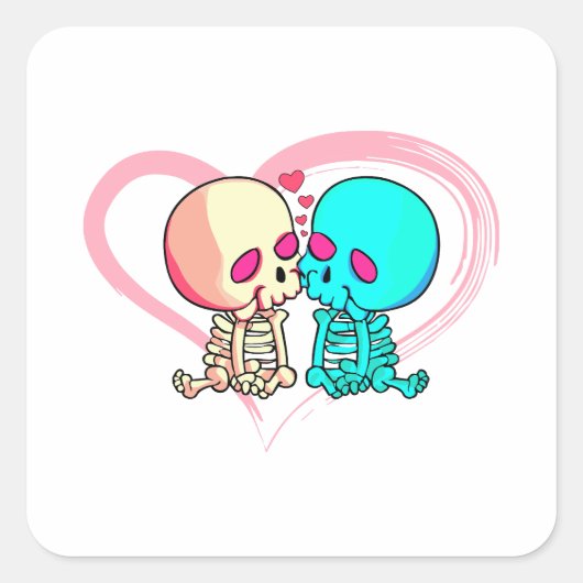 Twee romantische skeletten kussen met roze hart vierkante sticker (Voorkant)