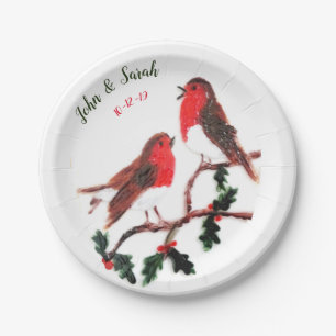 Twee Roodborst Vogels Winter Hulst Trouwdag Papieren Bordje