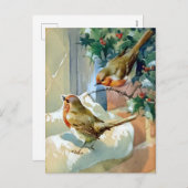 Twee Roodborstjes Op Sneeuw Bedekte Hulst Feestdagenkaart (Voorkant / Achterkant)