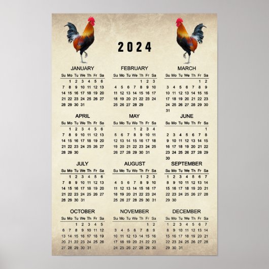 Twee Roosters 2024 Kalender Poster (Voorkant)