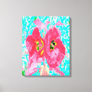 Twee Rosy Red Coral Plum Crazy Hibiscus op Aqua Canvas Afdruk