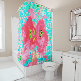 Twee Rosy Red Coral Plum Crazy Hibiscus op Aqua Douchegordijn