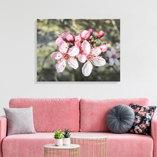 Twee roze bloesems die uitkomen. canvas afdruk (Insitu (Woonkamer))