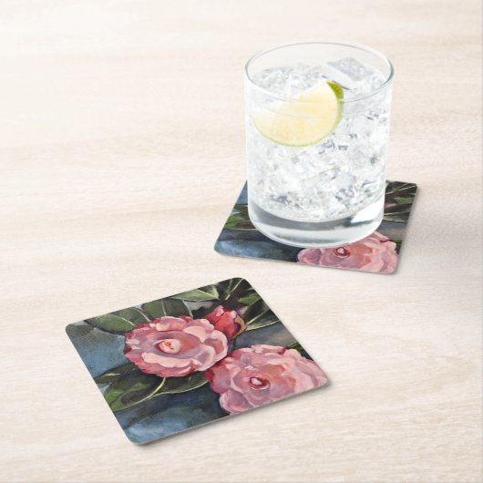 Twee roze Camellias Fine Art Oil Painting Kartonnen Onderzetters (Insitu)