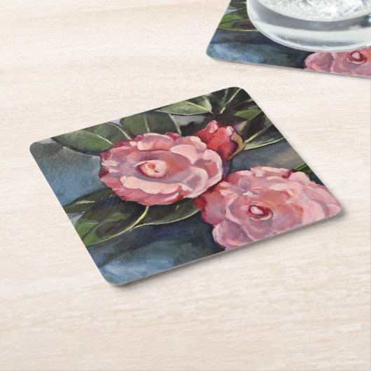 Twee roze Camellias Fine Art Oil Painting Kartonnen Onderzetters (Schuin)