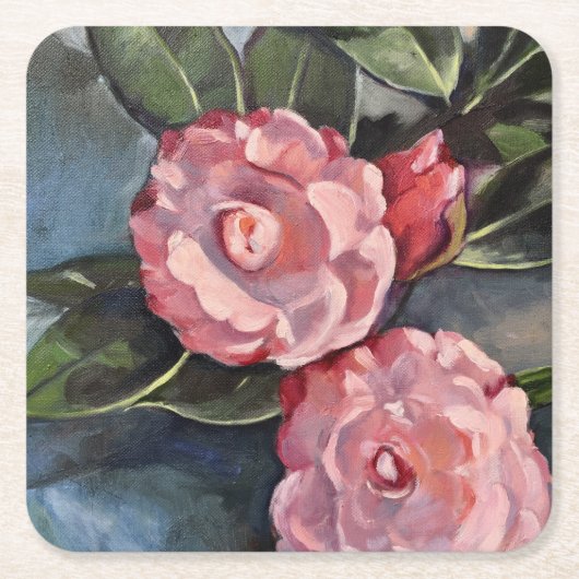 Twee roze Camellias Fine Art Oil Painting Kartonnen Onderzetters (Voorkant)