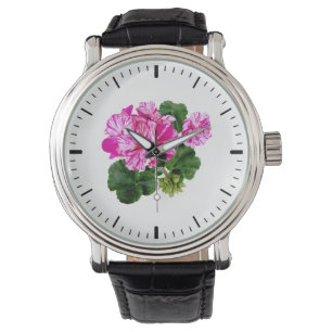 Twee Roze en Witte Gestreepte Geraniums Horloge