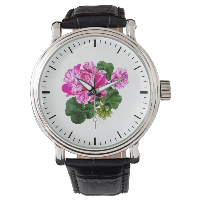 Twee Roze en Witte Gestreepte Geraniums Horloge (Voorkant)