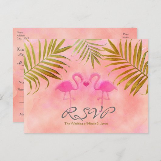 Twee Roze Flamingo's Aquarel Trouw RSVP Kaarten (Voorkant / Achterkant)