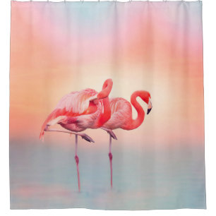 Twee roze flamingos in het water bij sunsetflaming douchegordijn