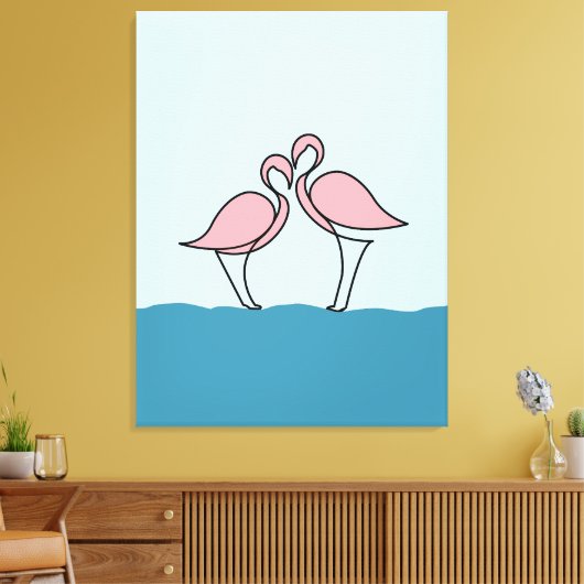 Twee roze flamingo's op de waterlijn tekening canvas afdruk (Insitu (Woonkamer))