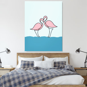 Twee roze flamingo's op de waterlijn tekening canvas afdruk