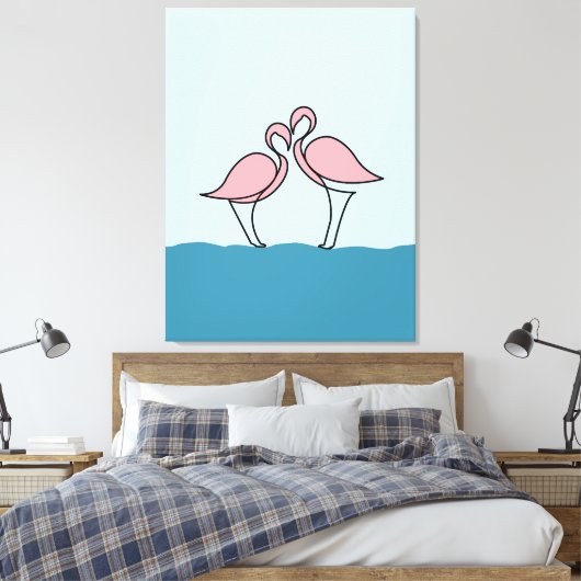 Twee roze flamingo's op de waterlijn tekening canvas afdruk (Insitu (Slaapkamer))