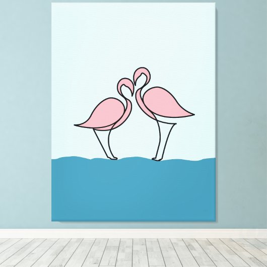 Twee roze flamingo's op de waterlijn tekening canvas afdruk (Insitu (Houten vloer))