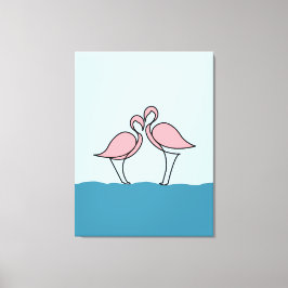 Twee roze flamingo's op de waterlijn tekening canvas afdruk