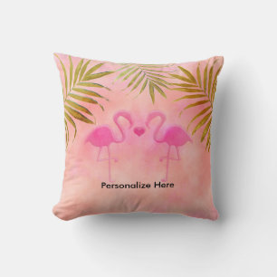 Twee Roze Flamingo's Tropisch Strand Worp Kussen