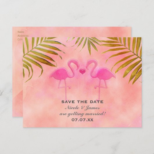 Twee Roze Flamingo's Waterverf Save The Date Kaart (Voorkant / Achterkant)