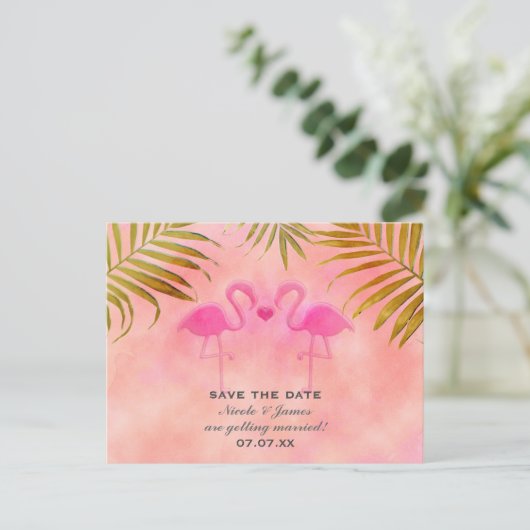 Twee Roze Flamingo's Waterverf Save The Date Kaart (Staand voorkant)