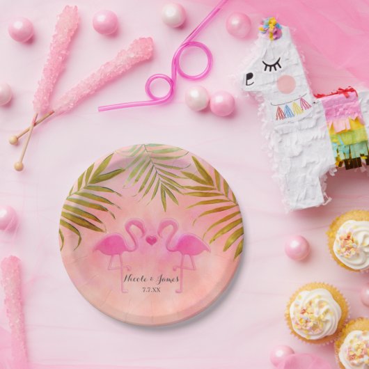 Twee roze flamingo's Waterverf strand bruiloft Bor Papieren Bordje (Feest)