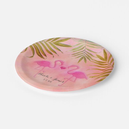 Twee roze flamingo's Waterverf strand bruiloft Bor Papieren Bordje (Gekanteld)