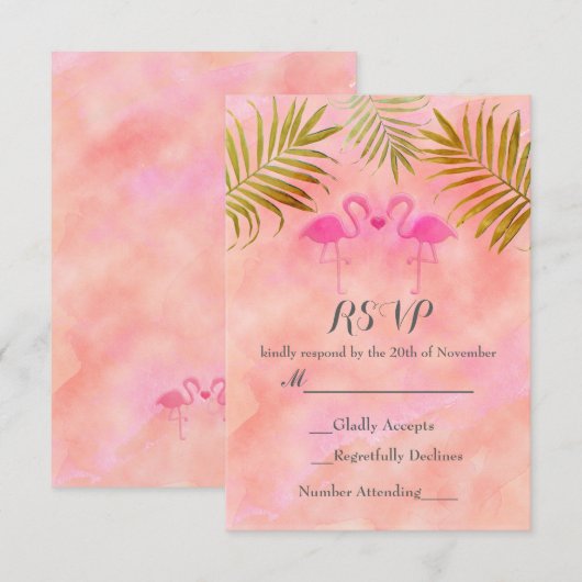 Twee Roze Flamingo's Waterverf Strandbruiloft RSVP Kaartje (Voorkant / Achterkant)