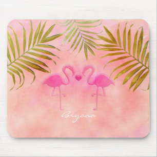 Twee Roze Flamingo's Waterverf Tropisch Muismat