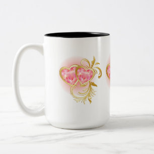 Twee roze juwelen harten tweekleurige koffiemok
