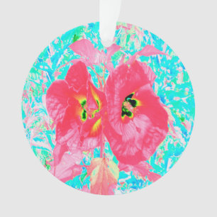 Twee roze rode koraal pruim gekke hibiscus op aqua ornament
