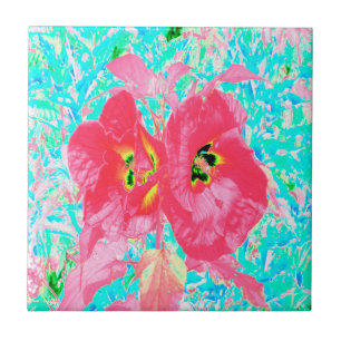 Twee roze rode koraal pruim gekke hibiscus op aqua tegeltje