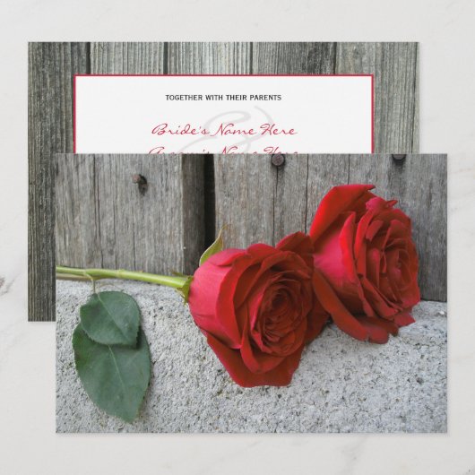 Twee roze rozen en barnhout uitgenodigd kaart (Voorkant / Achterkant)