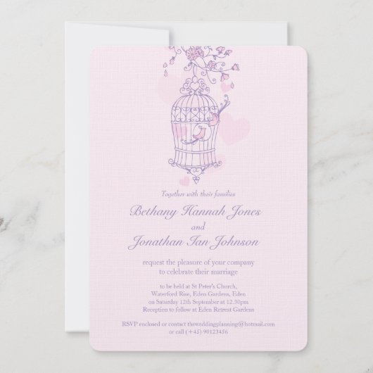 Twee roze vogels openen vogeljacht bruiloft kaart (Achterkant)