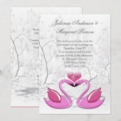 Twee roze zwanen huwelijksuitnodiging kaart (Voorkant / Achterkant)