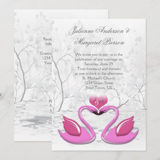 Twee roze zwanen huwelijksuitnodiging kaart (Voorkant / Achterkant)