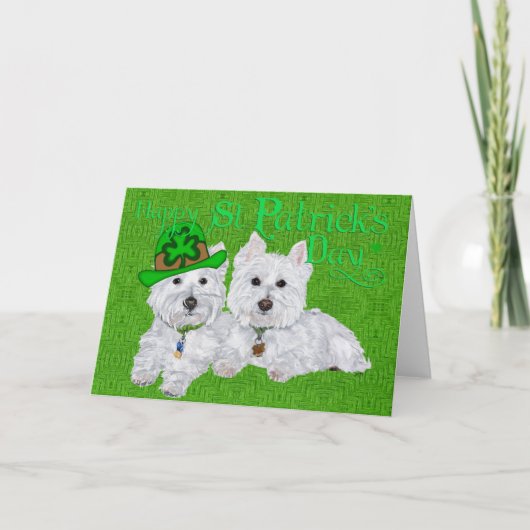 Twee rustende Westies op St. Patrick's Day Kaart (Voorkant)