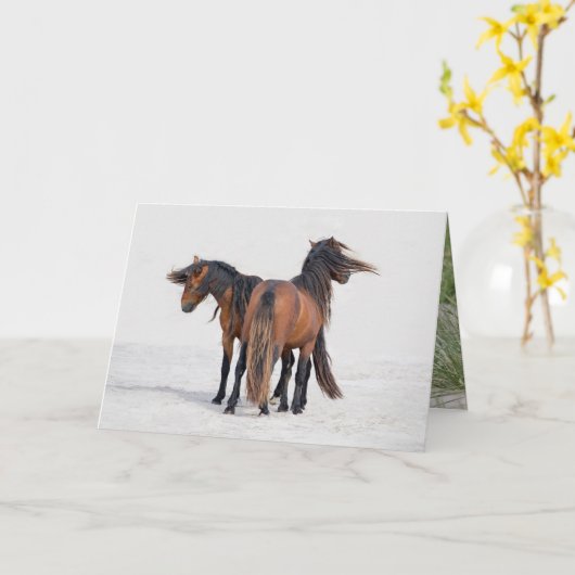 Twee Sable Stallions stromende Manes - Wenskaart Kaart (Gele Bloem)