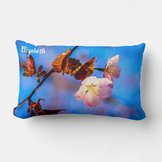 Twee Sakura Flowers op blauw Kussen (Voorkant)