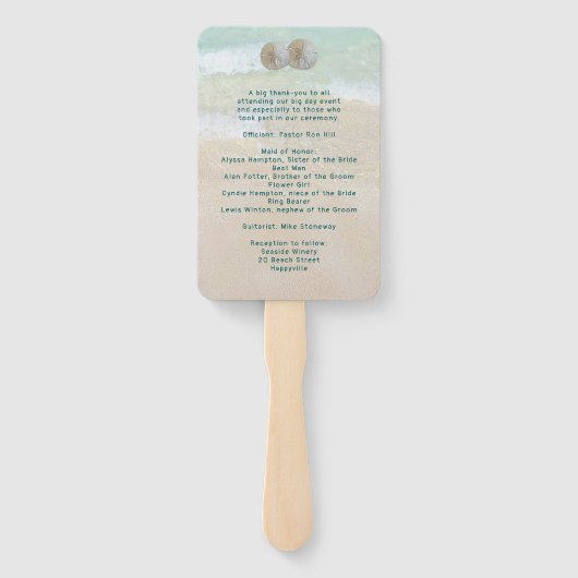 Twee Sand Dollars Beach Scene Fan Wedding Programm Handwaaier (Achterkant)