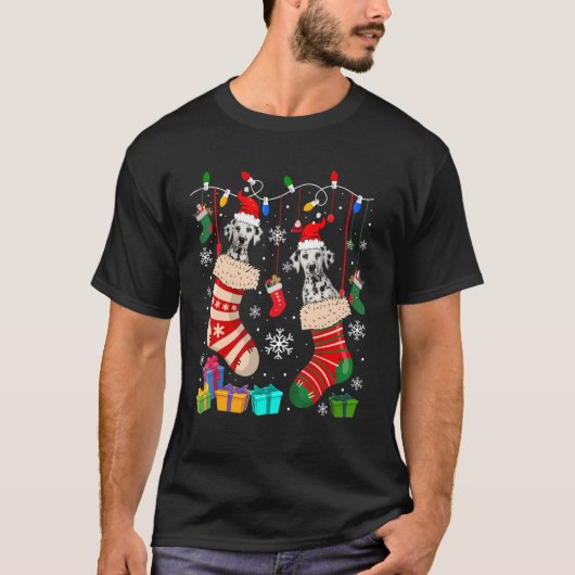 Twee Santa Dalmatische honden in kerstSokken T-shirt (Voorkant)